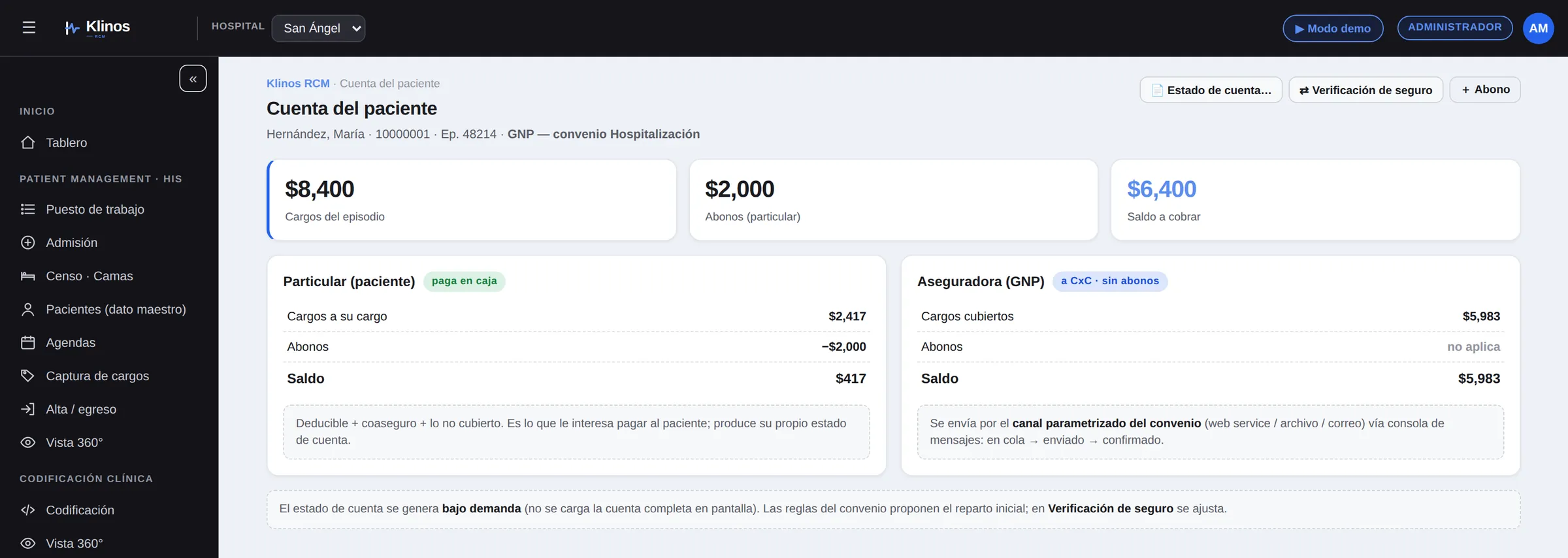 Klinos RCM — Cuenta del paciente